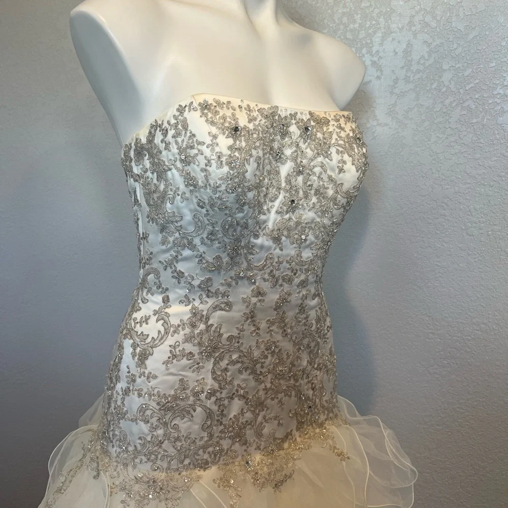 Oleg Cassini Organza Drop Waist Beaded Wedding Dress - Picture 3 of 12